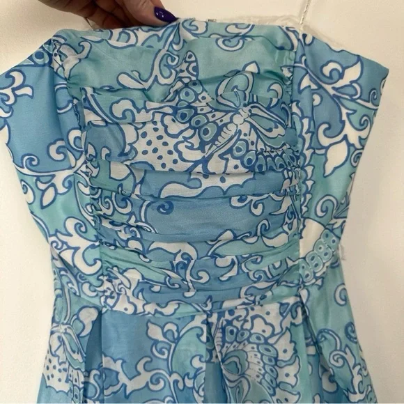 Lily Pulitzer Angelette Dress Size 0 Strapless Blue White Silk Butterfly Floral‎ - Picture 3 of 8
